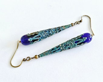 Cobalt Blue Filigree Cone Drops Blue Glass Teardrops Hand-painted Verdigris Patina on Antiqued Brass Lightweight Colorful Dangles