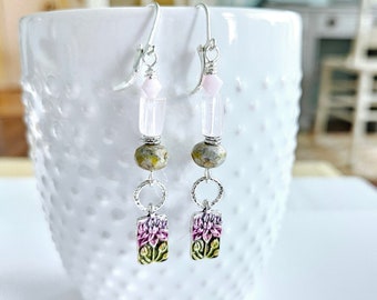 Lotus Flower and Rose Quartz Dangle Earrings Hand-painted Cold Enamel Dangles Colorful Magenta and Moss Dangles Gemstone Earrings