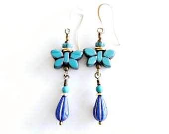 Turquoise and Cobalt Blue Butterfly Dangles Colorful Vibrant Gift for Her Blue Green Earrings Gold Earrings Whimsical Gift for Free Spirit