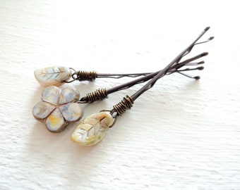 Earthy Blue Beige Sage Green Flower and Leaves Decorative Hair Pins Set Blueberries and Cream Czech Glass Boho Style Wire Wrapped Bobby Pins