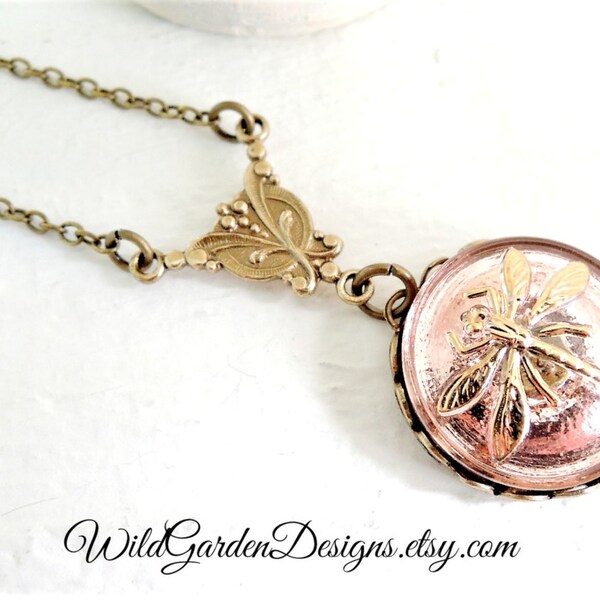 Dragonfly Necklace Shabby Romantic Style Vintage Inspired Pendant Czech Glass Dragonfly Button Blush Pink Gold Necklace Downton Abbey Style