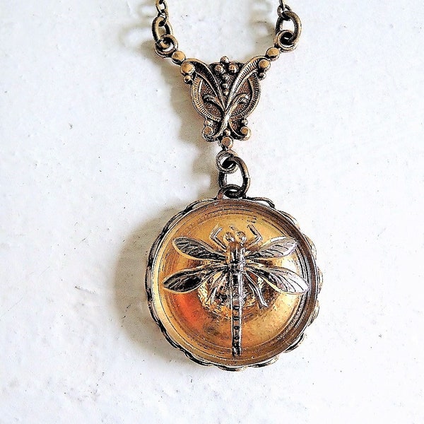 Gold Dragonfly Necklace Nature Jewelry Vintage Style Pendant Bohemian Style Necklace Czech Glass Button Silver Gold Dragonfly Necklace