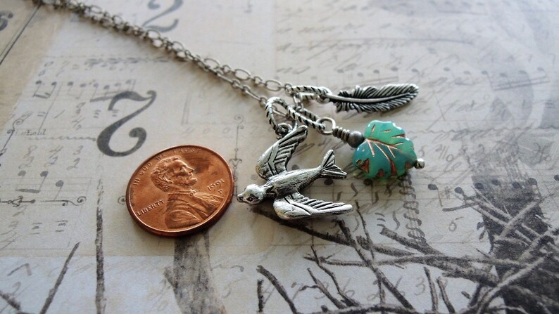 Silver Swallow Bird Necklace Turquoise Leaf Necklace Feather Charm Necklace Nature Inspired Gift for Wife Gift for Mom Gift for Girlfriend