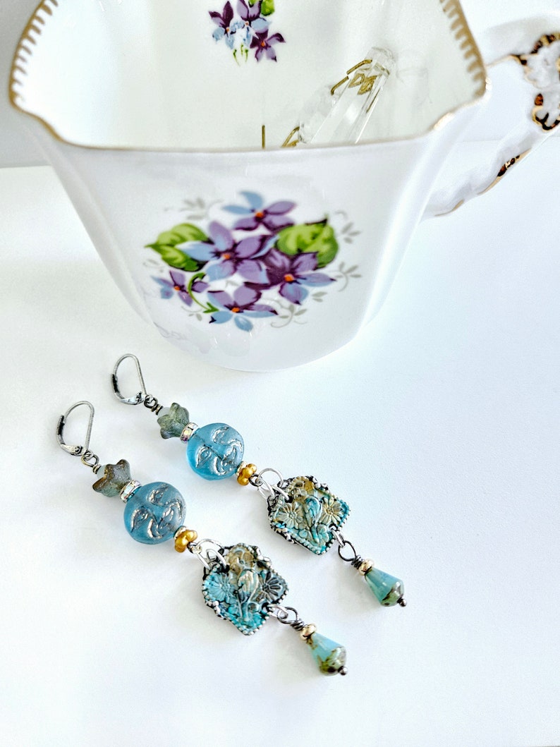 Blue Paloma Moon Earrings Dove and Moon Earrings Silver and Gold Mixed Metal Hand-painted Earrings Colorful Whimsical Fairytale Gift for Her image 8