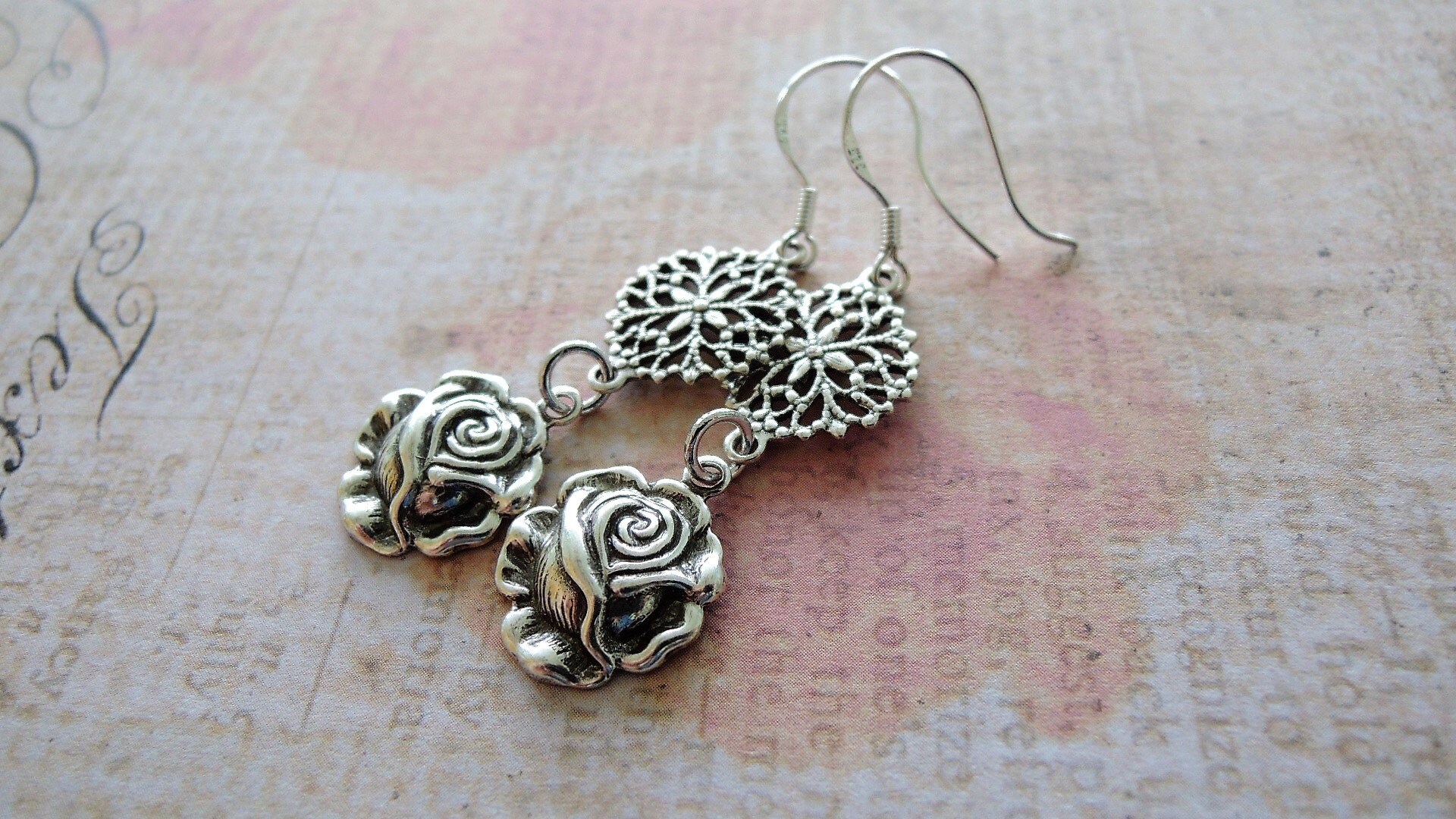 Silver Rose Dangle Earrings Sterling Dangles Small Light Etsy UK