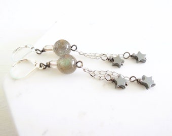 Lucky Star Dangle Earrings Gemstone Dangles Labradorite Hematite Stone Stars Silver Gray Taupe Chain Earrings Delicate Simple Whimsical Gift