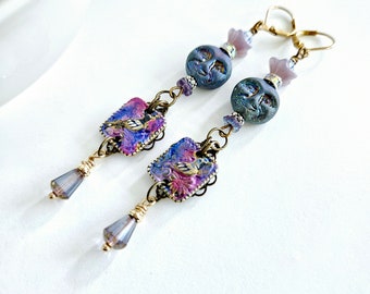 Paloma Dove and the Moon Queen Earrings Purple Blue Moon Face with Flower Crown Dangles Dove Earrings Filigree Dangles Whimsical Boho Style