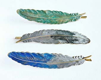 Brass Feather Bobby Pins Hand-painted Hair Pins Woodland Wedding Accessory Nature Inspired Gift Blue Jay Mourning Dove Verdigris Patina