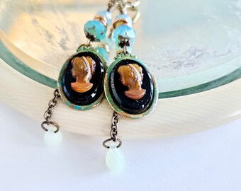 Cameo Earrings Woman of Color Tortoiseshell Style Vintage Cameos Verdigris Brass Settings Aqua Green Glass Romantic Antique Inspired Gift