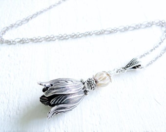 Silver Tulip Necklace Victorian Inspired Silver Flower Bud Pendant Extra Long Necklace Romantic Floral Necklace Mothers Day Gift