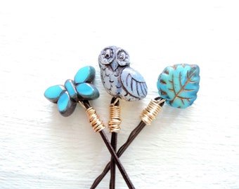 Whimsical Snowy Owl Decorative Hair Pins Set Glass Owl Bobby Pin Turquoise Blue Glass Butterfly and Turquoise Leaf Bobby Pins Fun Gift Set