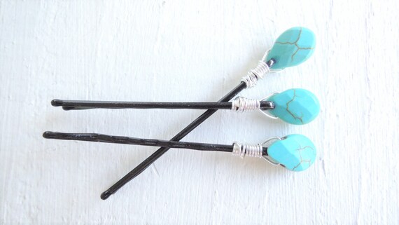 Turquoise Stone Hair Pins Boho Wire Wrapped Turquoise Howlite Etsy