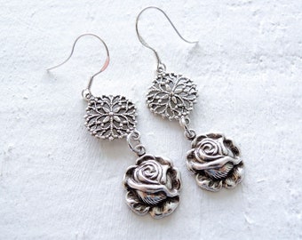 Silver Rose Dangle Earrings Sterling Dangles Small Light Earrings Romantic Vintage Inspired Flower Earrings Floral Style Gift Roses and Lace