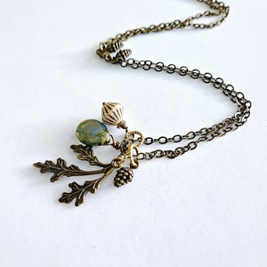 Forest Moon Necklace Fall Forest Charms Long Pendant Necklace Brass Oak Leaves Czech Glass Boho ...
