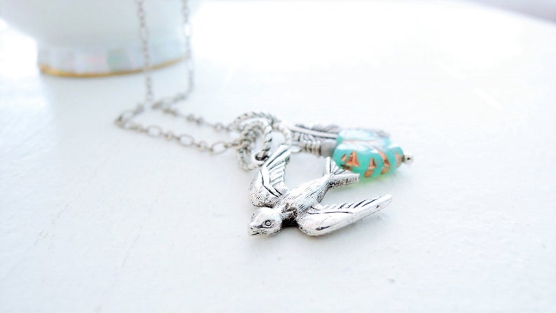 Silver Swallow Bird Necklace Turquoise Leaf Necklace Feather Charm Necklace Nature Inspired Gift for Wife Gift for Mom Gift for Girlfriend
