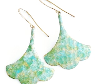 Gingko Leaf Earrings Hand-painted Dangles Hammered Brass Leaf Earrings Blue Green Verdigris on Gold Brass Lightweight Earrings Gift for Her