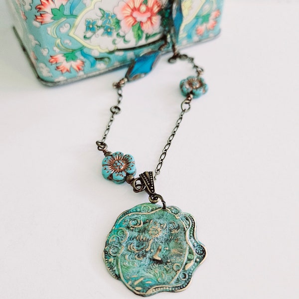 Girl With a Flower in her Hair Pendant Necklace Hand-painted Verdigris Blue Green Patina Heirloom Style Beaded Necklace Gift for Her