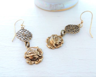 Gold Rose Dangle Earrings Antiqued Brass Filigree Dangles Small Light Earrings Romantic Vintage Inspired Flower Earrings Floral Style Gift