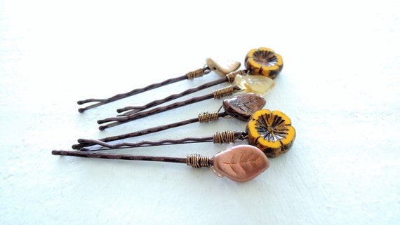 Sunflower Hair Pins Set Wire Wrapped Yellow Gold Bronze Glass Flower And Leaf Bobby Pins Decorative Bobby Pins Summer Wedding Accessory - sunflower tucked roblox