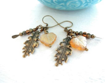 Topaz Fall Charms Earrings Czech Glass Antiqued Brass Leaf and Seed Dangles Oak Leaf Maple Leaf Dangles Fall Birthday Gift Boho Style Gift