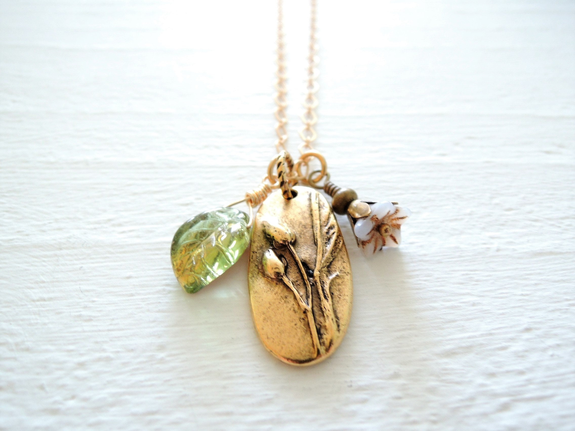 Meadow Charm Necklace Long Pendant Necklace Gold Necklace Wildflower ...
