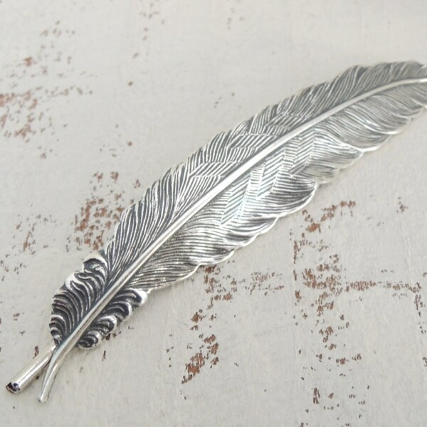 Silver Feather Hair Clip Hair Accessory Bohemian Nature Woodland Wedding Bride Hair Antiqued Silver Large Decorative Feather Bobby Pin