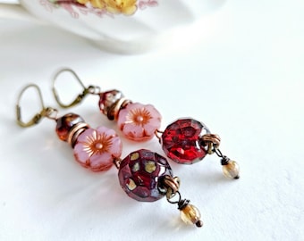 Berry Bloom Earrings Blush Pink Flower Dangles Whimsical Romantic Gift for Her Red Glass Drops Colorful Berries and Flowers