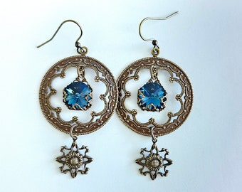 Through the Window Earrings Brass  Gothic Style Circular Dangles Filigree Wrapped Blue Crystal Drops Romantic Floral Gift for Her Boho Style