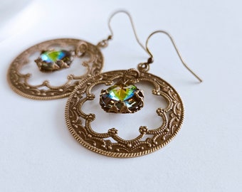 View Through the Window Earrings Round Gothic Rose Dangles Brass Filigree Round With Blue Green Gold Crystal Drop Romantic Whimsical Style