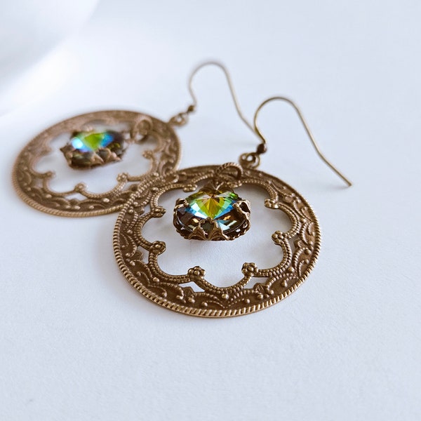 View Through the Window Earrings Round Gothic Rose Dangles Brass Filigree Round With Blue Green Gold Crystal Drop Romantic Whimsical Style