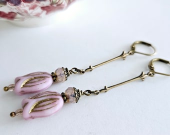 Art Nouveau Spring Tulip Earrings Pastel Opaque Pink Floral Dangles Long Delicate Fleur de Lis and Tulip Earrings Romantic Whimsical Gift