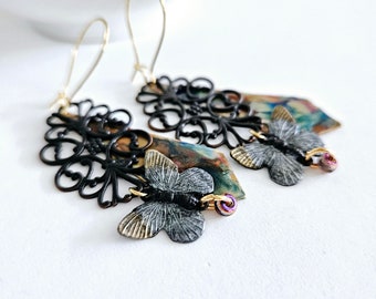 Gothic Garden Earrings Black Filigree Dangles Hand-painted Butterfly Earrings Colorful Abstract Floral Earrings Romantic Whimsical Jewelry