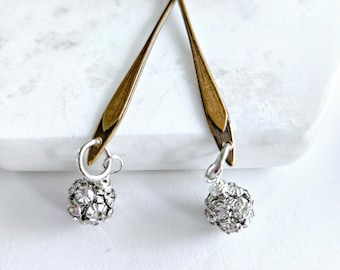 Long Brass and Rhinestone Ball Dangles Art Deco Style Mixed Metal Silver and Brass Earrings Simple Minimal Easy to Wear Sparkly Earrings