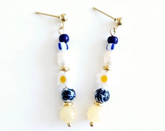 Rise and Shine Earrings Blue Yellow White Dangles Porcelain Chinoiserie Longevity Beads Freshwater Pearls Murano Millefiori  Glass Daisies
