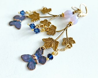 Lavender and Indigo Butterfly Branch Dangles Whimsical Romantic Statement Earrings Delicate Flora and Fauna Earrings Colorful Enamel Dangles