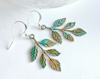 Verdigris Patina Leaf Earrings Silver Branch Dangles Hand-painted Blue Green Copper Woodland Nature Earrings  Nature-inspired gift for Her