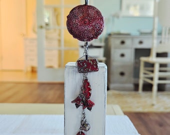 Aged Red Silver Medallion Pendant Necklace Weathered Barn Red Long Pendant Hand-painted Textured Metal Wire Wrapped Artisan Glass Beads