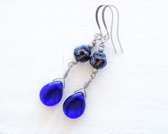 Sapphire Blue Glass Drop Earrings Blue Dangle Earrings Boho Style Wire Wrapped Glass Earrings Violets are Blue Bohemian Wedding Jewelry