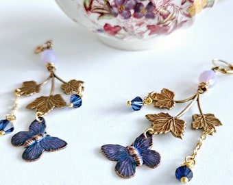 Lavender and Indigo Butterfly Branch Dangles Whimsical Romantic Statement Earrings Delicate Flora and Fauna Earrings Colorful Enamel Dangles