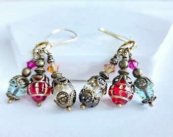 Colorful Moroccan Lantern Style Dangle Earrings Bohemian Style Gift for Her Festival Earrings Brass and Glass Dangles Multicolor Glass Drops