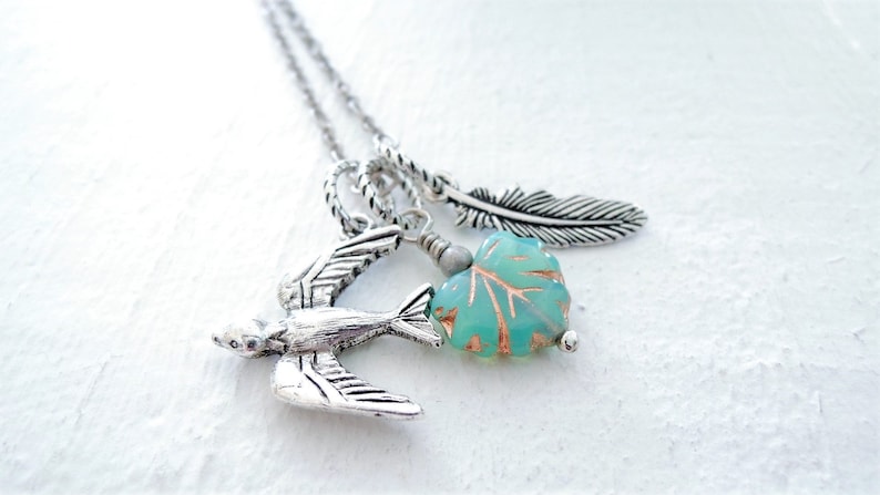 Silver Swallow Bird Necklace Turquoise Leaf Necklace Feather Charm Necklace Nature Inspired Gift for Wife Gift for Mom Gift for Girlfriend