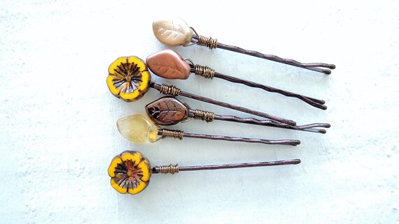 Sunflower Hair Pins Set Wire Wrapped Yellow Gold Bronze Glass Flower And Leaf Bobby Pins Decorative Bobby Pins Summer Wedding Accessory - sunflower tucked roblox