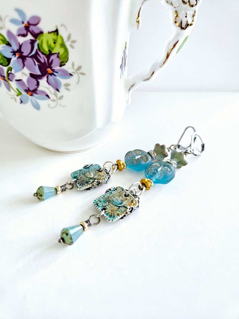 Blue Paloma Moon Earrings Dove and Moon Earrings Silver and Gold Mixed Metal Hand-painted Earrings Colorful Whimsical Fairytale Gift for Her image 7