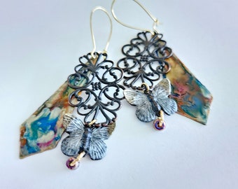 Gothic Garden Earrings Black Filigree Dangles Hand-painted Butterfly Earrings Colorful Abstract Floral Earrings Romantic Whimsical Jewelry