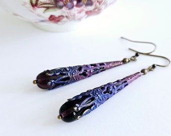 Purple Blue Filigree Drops Hand-painted Brass Boho Style Teardrops Lightweight Colorful Ombre Earrings Amethyst Glass Drops Gift for Her