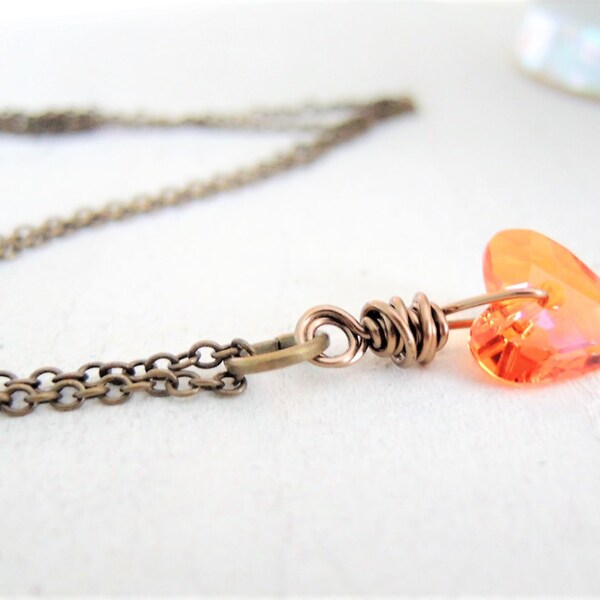 Honeysuckle Pink Orange Crystal Heart Necklace Wire Wrapped Swarovski Crystal Modern Colorful Rustic Boho Pendant Romantic Gift for Her