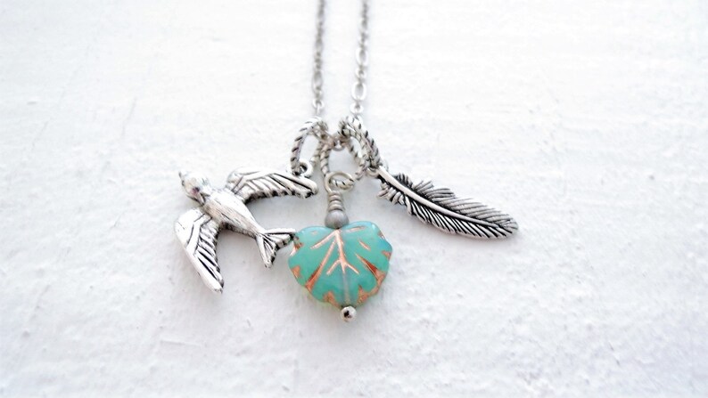Silver Swallow Bird Necklace Turquoise Leaf Necklace Feather Charm Necklace Nature Inspired Gift for Wife Gift for Mom Gift for Girlfriend