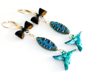 Green Hummingbird Earrings Fairytale Style Gift for Her Whimsical Colorful Dangles Black Bow Dangles Blue Green Black Dangles Gold Earrings