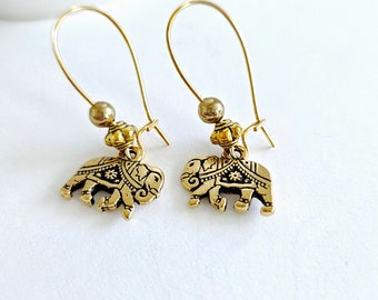 Gold Indian Elephant Dangle Earrings, Fun Gift for Animal Lover, Gift for Traveler, Small Gold Dangles, Boho Style Gift for Elephant Lover