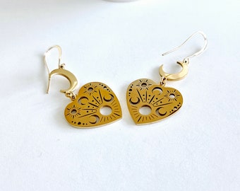 Celestial Heart and Moon Gold Earrings Contemporary Modern Heart Dangles Moon Phase Earrings Crescent Moons Romantic Whimsical Gift for Her